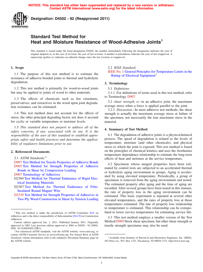 ASTM D4502-92(2011) - Standard Test Method for Heat and Moisture Resistance of Wood-Adhesive Joints