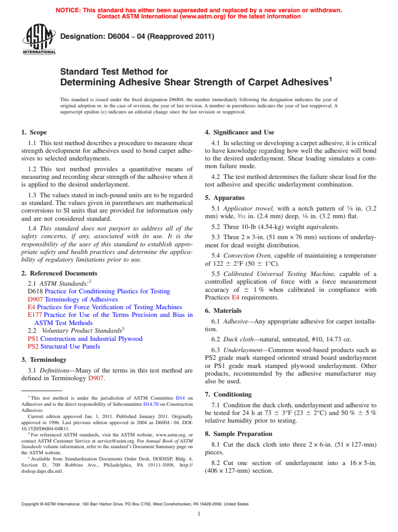 ASTM D6004-04(2011) - Standard Test Method for Determining Adhesive Shear Strength of Carpet Adhesives (Withdrawn 2020)