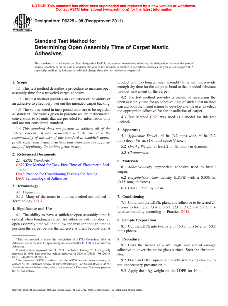 ASTM D6325-98(2011) - Test Method for Determining Open Assembly Time of Carpet Mastic Adhesives