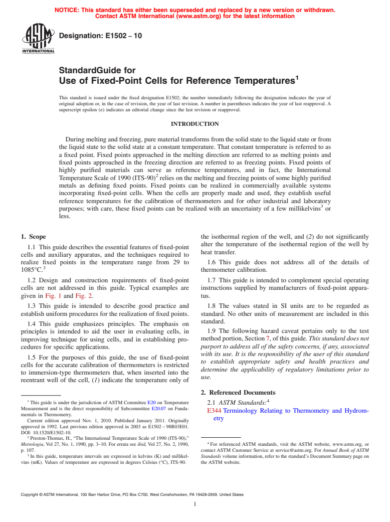 ASTM E1502-10 - Standard Guide for Use of Fixed-Point Cells for Reference Temperatures