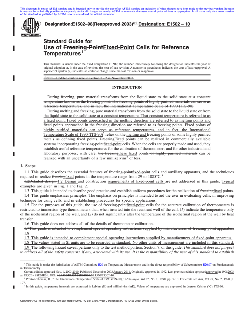 REDLINE ASTM E1502-10 - Standard Guide for Use of Fixed-Point Cells for Reference Temperatures