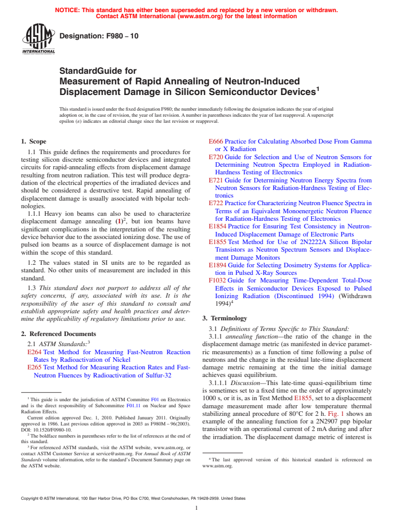 ASTM F980-10 - Standard Guide for Measurement of Rapid Annealing of Neutron-Induced Displacement Damage in Silicon Semiconductor Devices