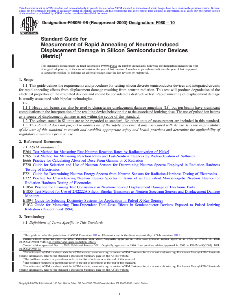 REDLINE ASTM F980-10 - Standard Guide for Measurement of Rapid Annealing of Neutron-Induced Displacement Damage in Silicon Semiconductor Devices