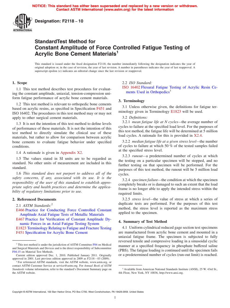 ASTM F2118-10 - Test Method for Constant Amplitude of Force Controlled Fatigue Testing of Acrylic Bone Cement Materials