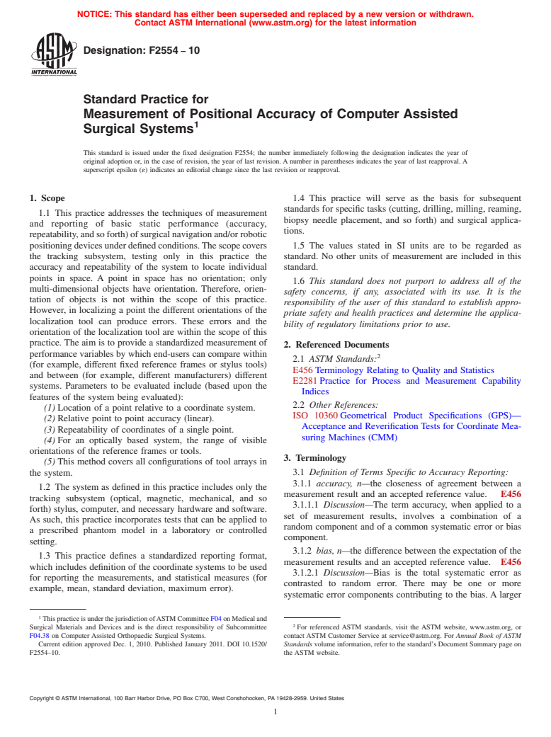 ASTM F2554-10 - Standard Practice for Measurement of Positional Accuracy of Computer Assisted Surgical Systems