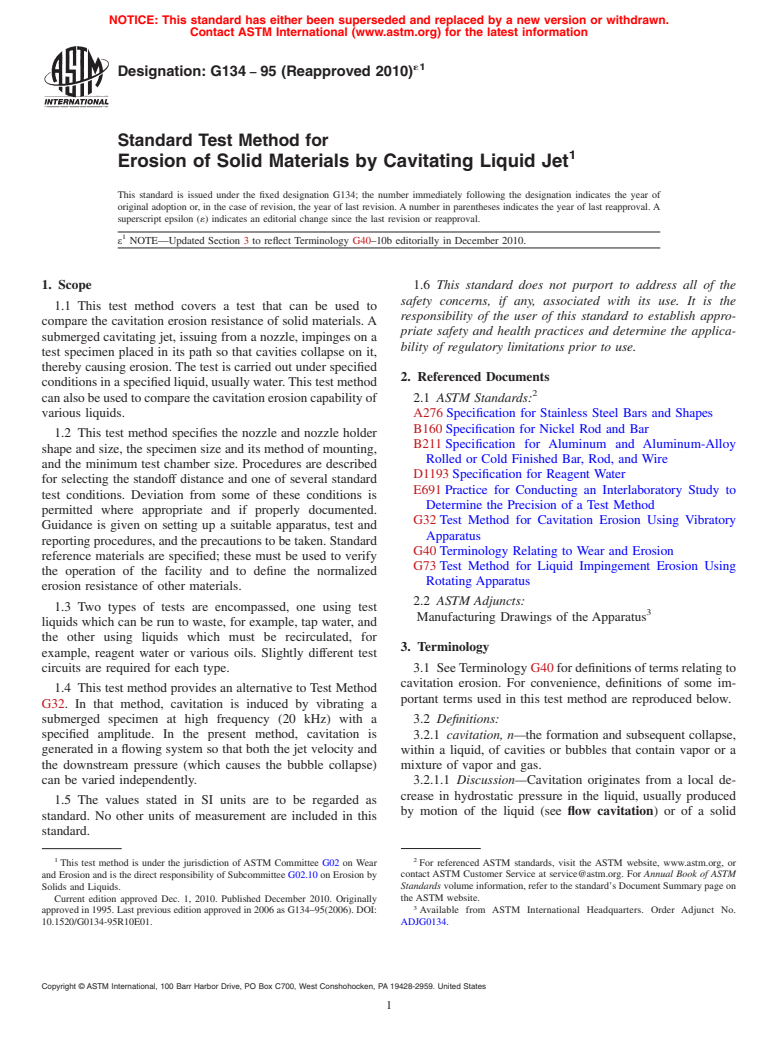 ASTM G134-95(2010)e1 - Standard Test Method for Erosion of Solid Materials by a Cavitating Liquid Jet