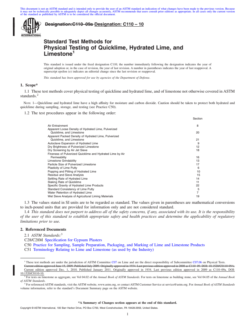 REDLINE ASTM C110-10 - Standard Test Methods for  Physical Testing of Quicklime, Hydrated Lime, and Limestone