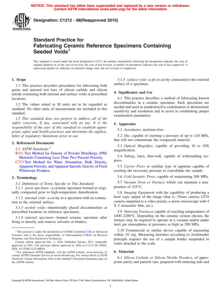 ASTM C1212-98(2010) - Standard Practice for Fabricating Ceramic Reference Specimens Containing Seeded Voids