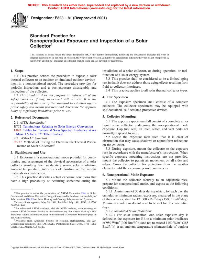 ASTM E823-81(2001) - Standard Practice for Nonoperational Exposure and Inspection of a Solar Collector (Withdrawn 2010)