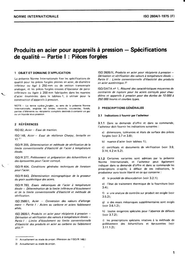 ISO 2604-1:1975 - Produits en acier pour appareils a pression -- Spécifications de qualité