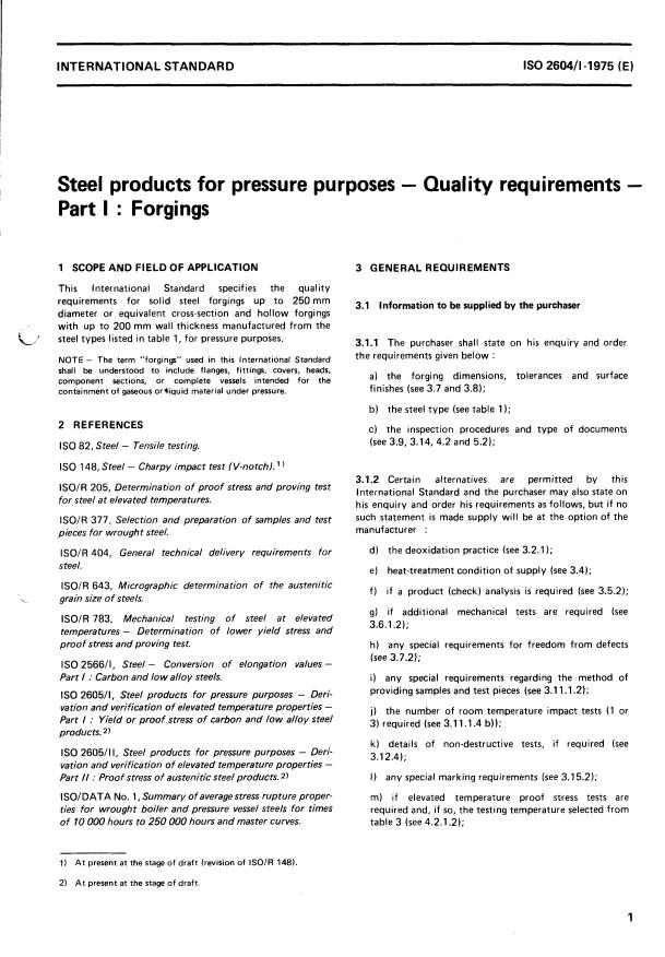 ISO 2604-1:1975 - Steel products for pressure purposes -- Quality requirements