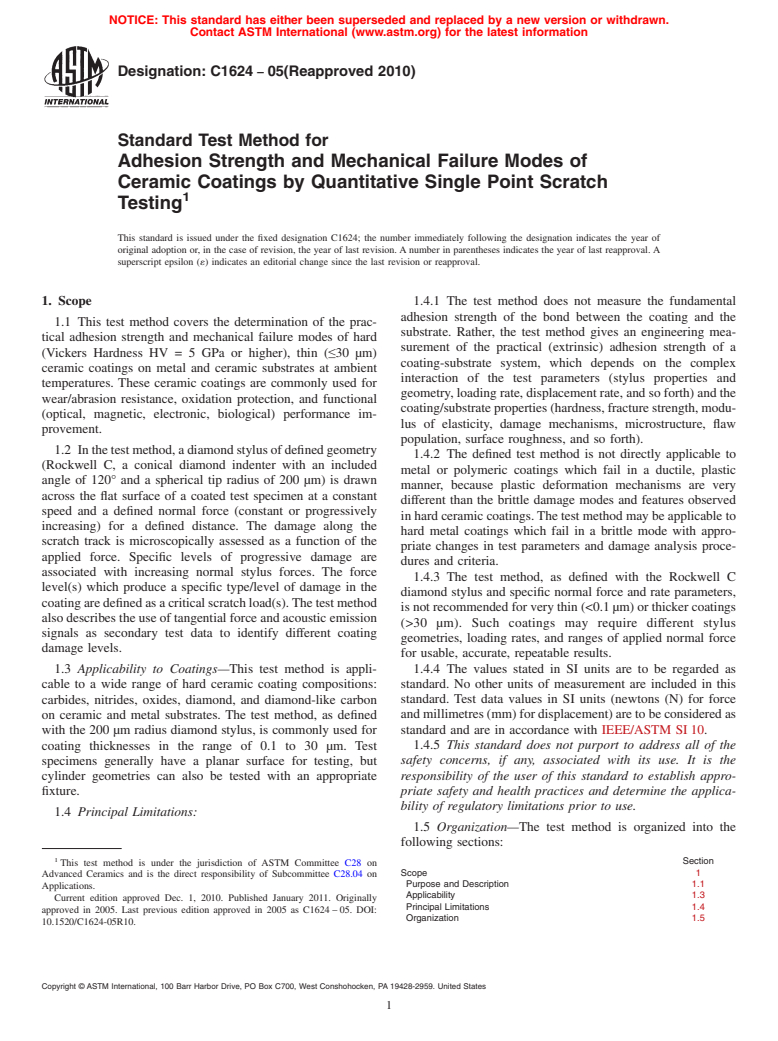 ASTM C1624-05(2010) - Standard Test Method for Adhesion Strength and Mechanical Failure Modes of Ceramic Coatings by Quantitative Single Point Scratch Testing