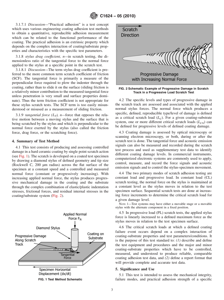 ASTM C1624-05(2010) - Standard Test Method for Adhesion Strength and Mechanical Failure Modes of Ceramic Coatings by Quantitative Single Point Scratch Testing