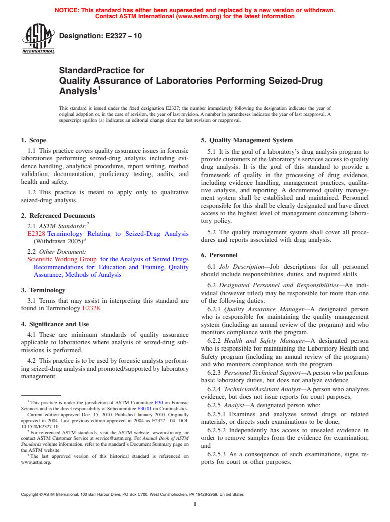 ASTM E2327-10 - Standard Practice for Quality Assurance of Laboratories Performing Seized-Drug Analysis
