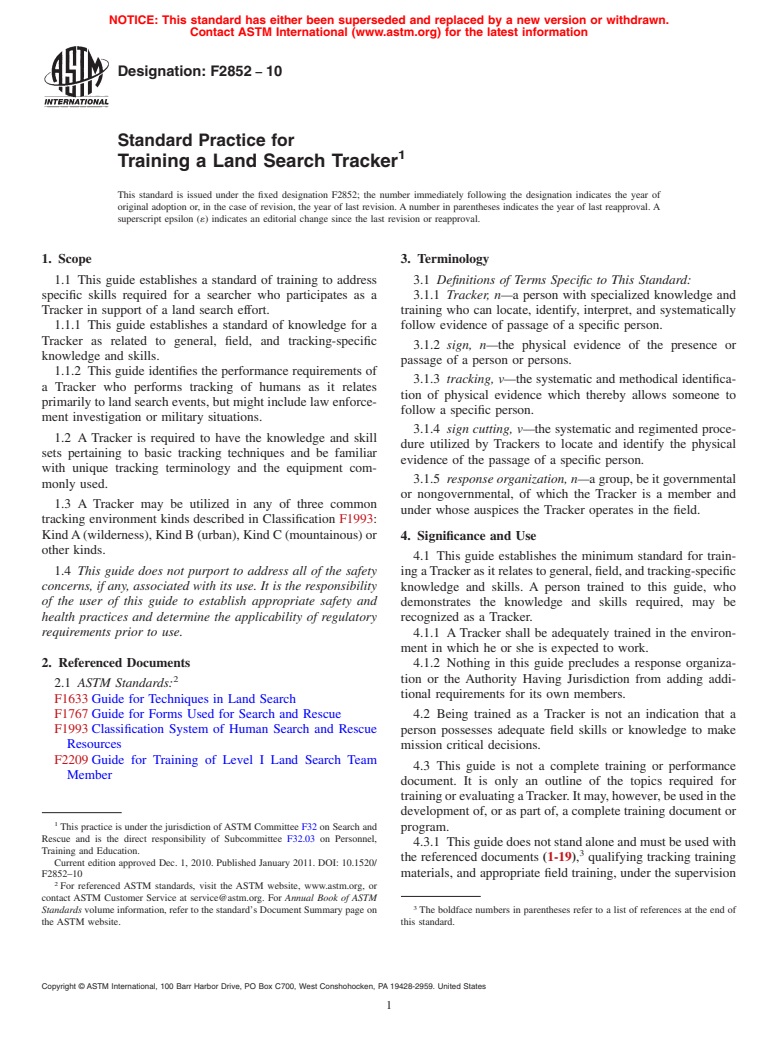 ASTM F2852-10 - Standard Practice for Training a Land Search Tracker