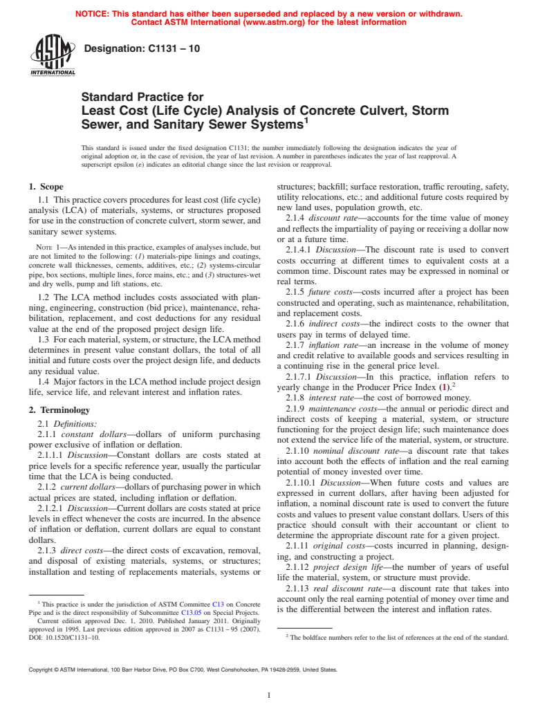 ASTM C1131-10 - Standard Practice for Least Cost (Life Cycle) Analysis of Concrete Culvert, Storm Sewer, and Sanitary Sewer Systems