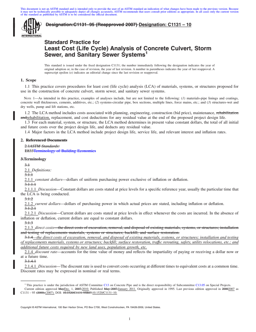 REDLINE ASTM C1131-10 - Standard Practice for Least Cost (Life Cycle) Analysis of Concrete Culvert, Storm Sewer, and Sanitary Sewer Systems