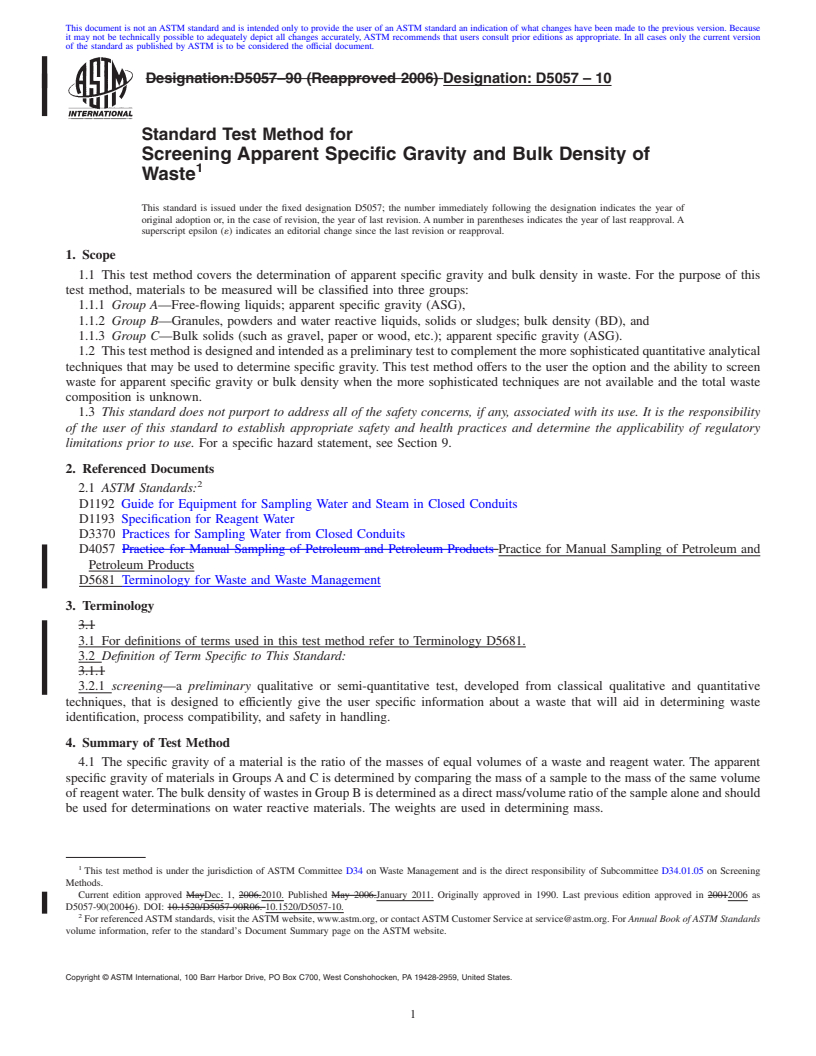 REDLINE ASTM D5057-10 - Standard Test Method for Screening Apparent Specific Gravity and Bulk Density of Waste