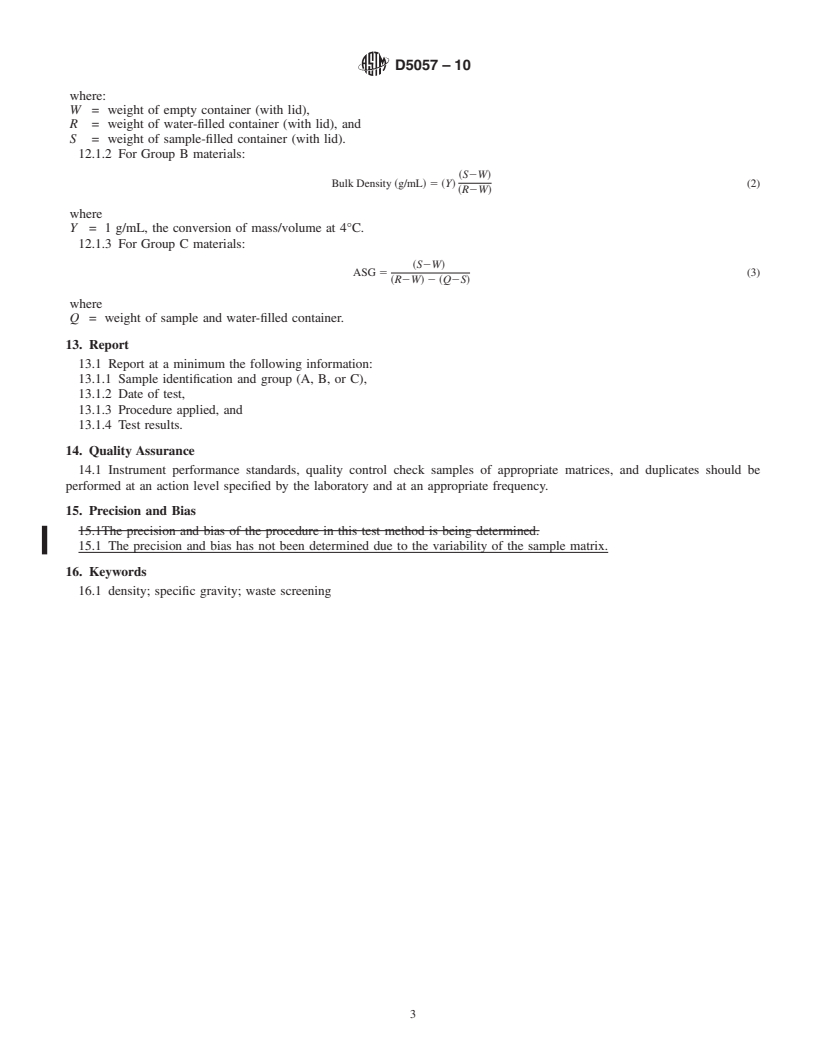 REDLINE ASTM D5057-10 - Standard Test Method for Screening Apparent Specific Gravity and Bulk Density of Waste