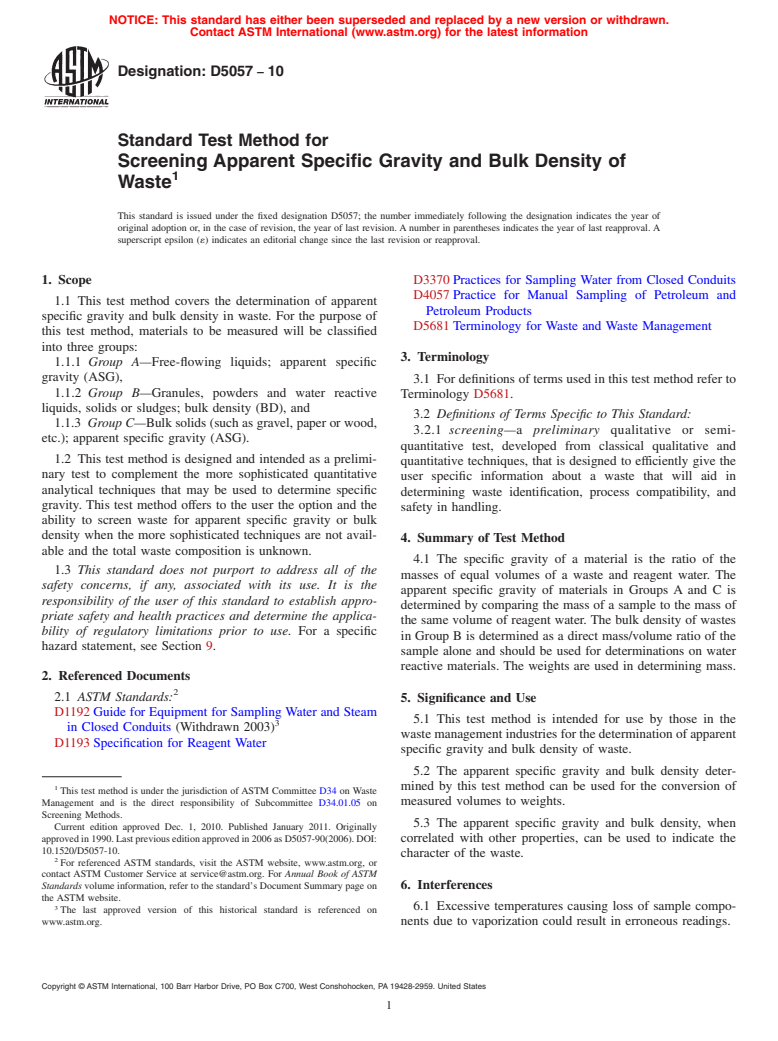 ASTM D5057-10 - Standard Test Method for Screening Apparent Specific Gravity and Bulk Density of Waste