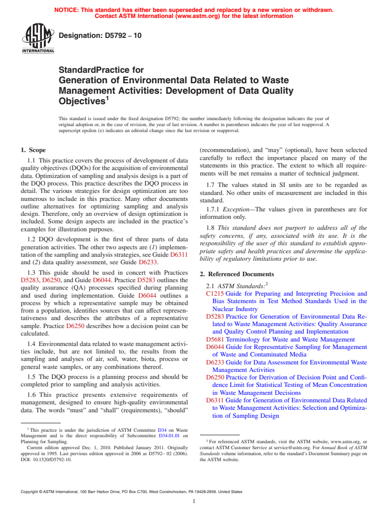 ASTM D5792-10 - Standard Practice for Generation of Environmental Data Related to Waste Management Activities: Development of Data Quality Objectives