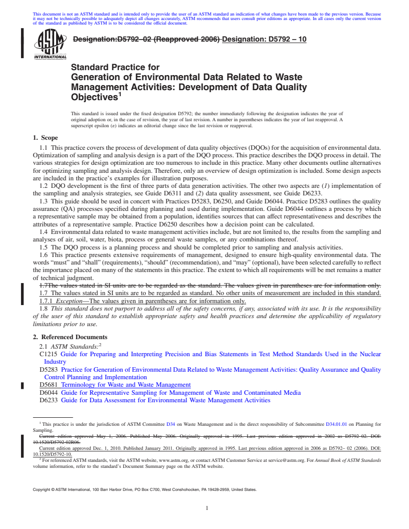 REDLINE ASTM D5792-10 - Standard Practice for Generation of Environmental Data Related to Waste Management Activities: Development of Data Quality Objectives