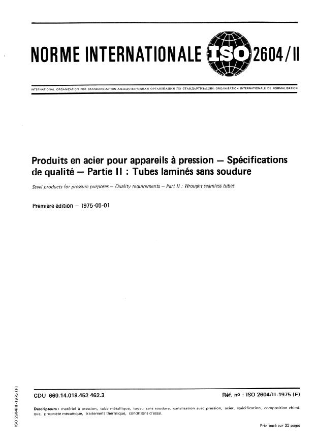 ISO 2604-2:1975 - Produits en acier pour appareils a pression -- Spécifications de qualité
