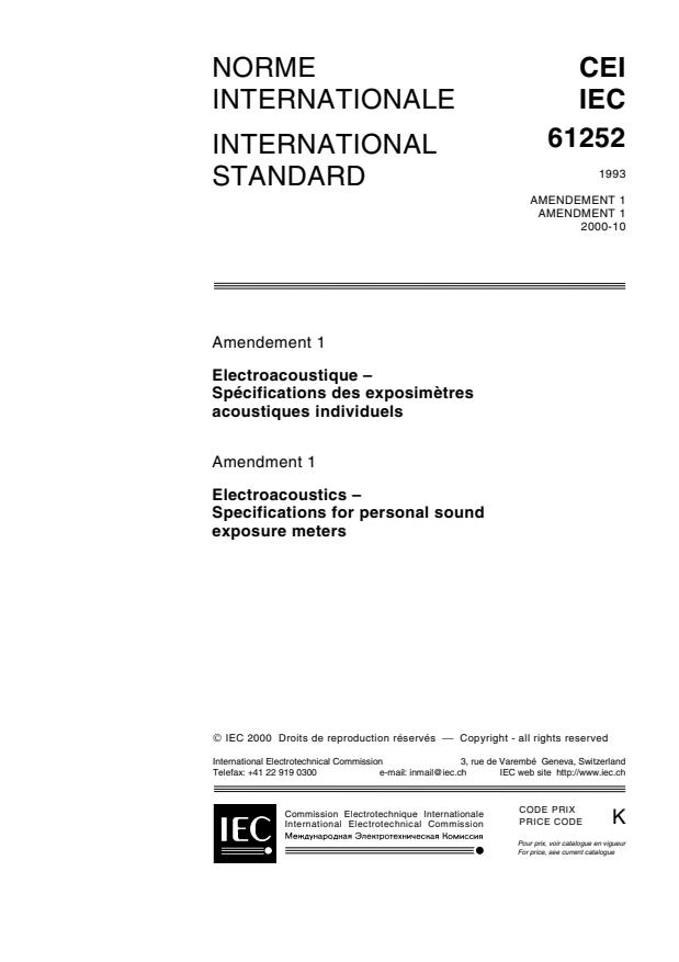 IEC 61252:1993/AMD1:2000 - Amendment 1 - Electroacoustics - Specifications for personal sound exposure meters