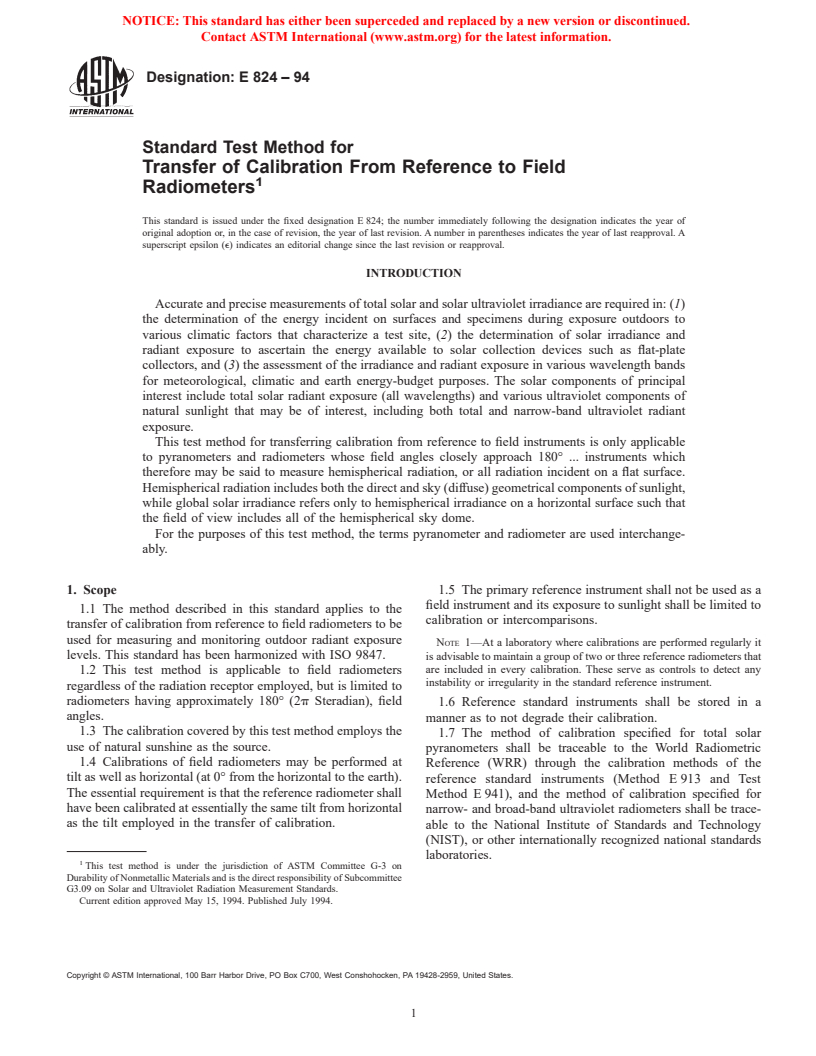 ASTM E824-94 - Standard Test Method for Transfer of Calibration From Reference to Field Radiometers