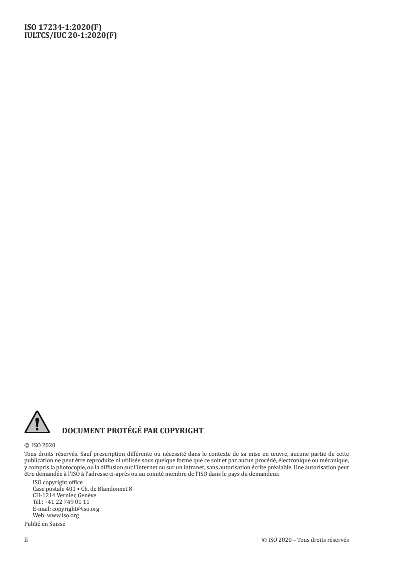ISO 17234-1:2020 ISO 17234-1:2020 - Cuir — Essais chimiques pour le dosage de certains colorants azoïques dans les cuirs teints — Partie 1: Dosage de certaines amines aromatiques dérivées des colorants azoïques
Released:8/21/2020 - Page 2 preview