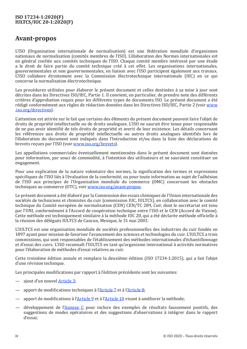ISO 17234-1:2020 ISO 17234-1:2020 - Cuir — Essais chimiques pour le dosage de certains colorants azoïques dans les cuirs teints — Partie 1: Dosage de certaines amines aromatiques dérivées des colorants azoïques
Released:8/21/2020 - Page 4 preview