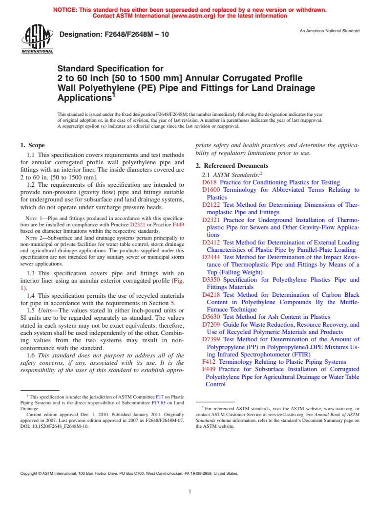 ASTM F2648/F2648M-10 - Standard Specification for 2 to 60 inch [50 to 1500 mm] Annular Corrugated Profile Wall Polyethylene (PE) Pipe and Fittings for Land Drainage Applications