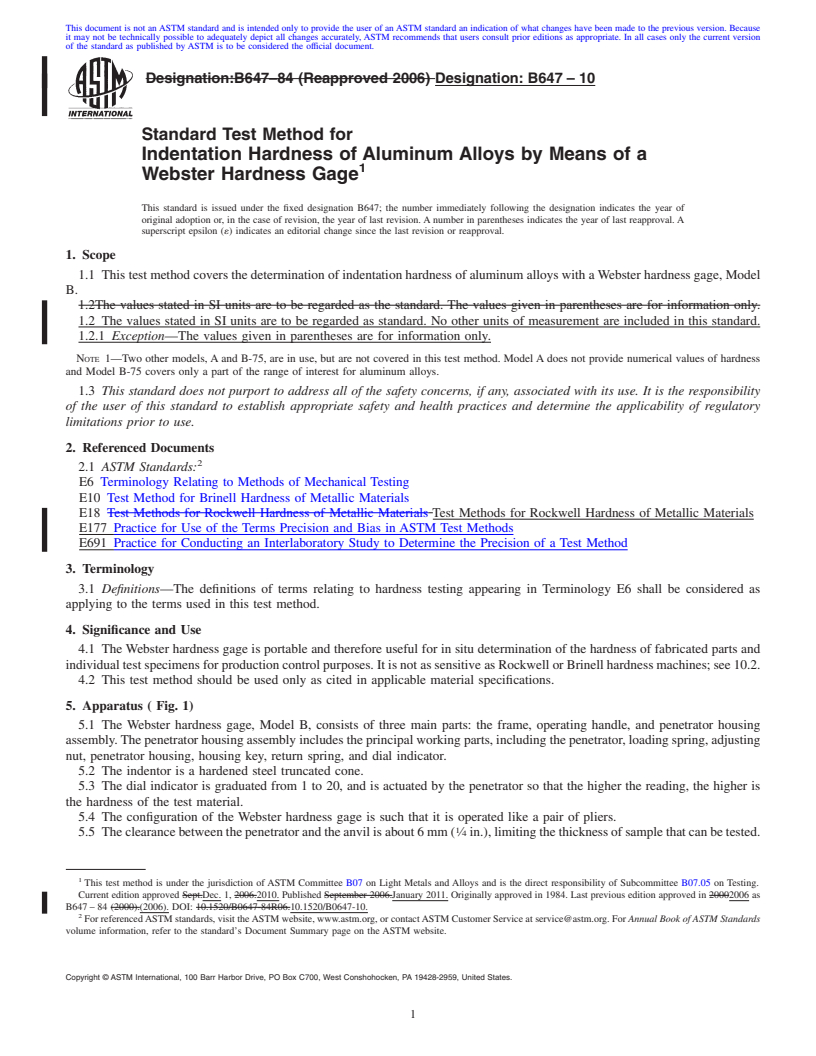 REDLINE ASTM B647-10 - Standard Test Method for Indentation Hardness of Aluminum Alloys by Means of a Webster Hardness Gage