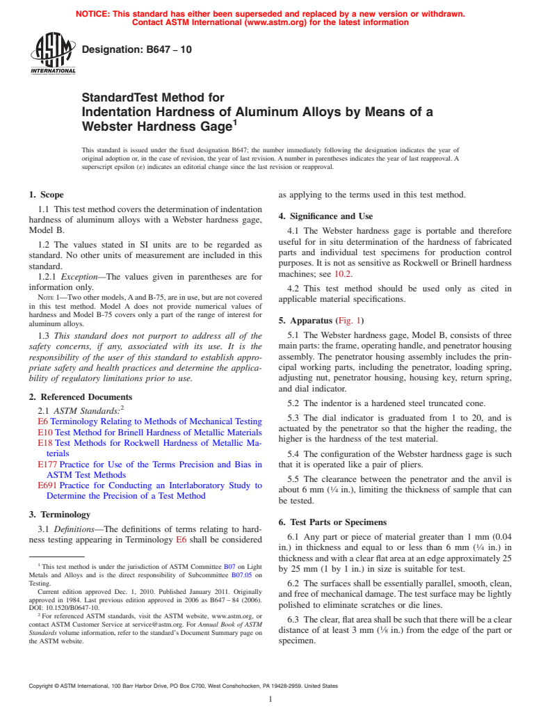 ASTM B647-10 - Standard Test Method for Indentation Hardness of Aluminum Alloys by Means of a Webster Hardness Gage