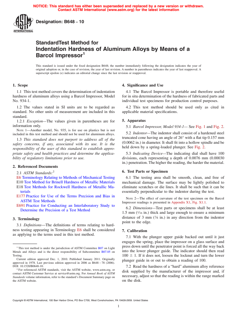 ASTM B648-10 - Standard Test Method for Indentation Hardness of Aluminum Alloys by Means of a Barcol Impressor