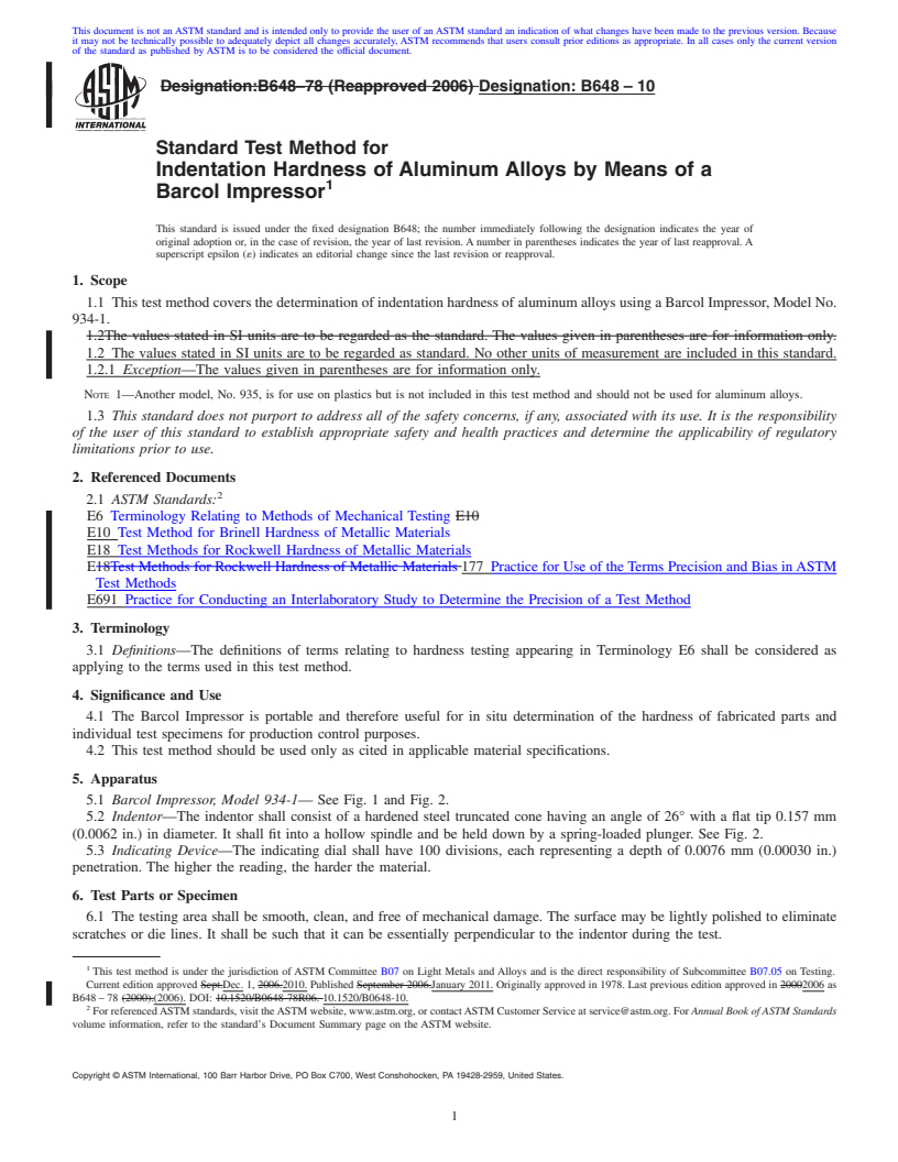 REDLINE ASTM B648-10 - Standard Test Method for Indentation Hardness of Aluminum Alloys by Means of a Barcol Impressor