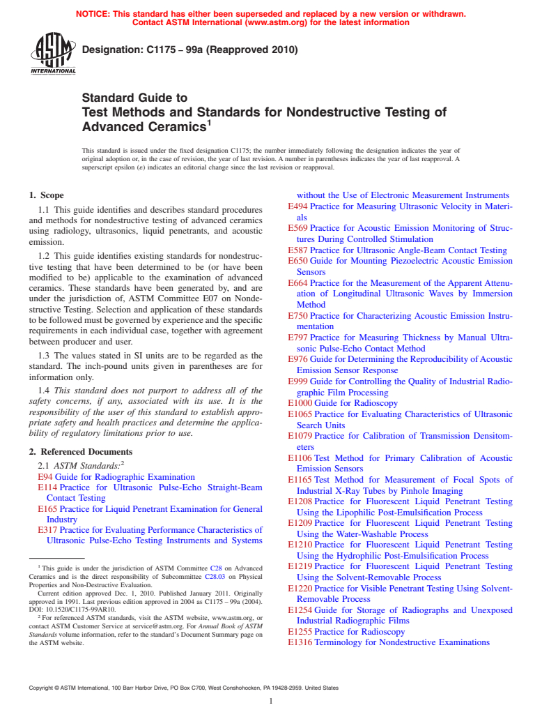 ASTM C1175-99a(2010) - Standard Guide to Test Methods and Standards for Nondestructive Testing of Advanced Ceramics (Withdrawn 2018)