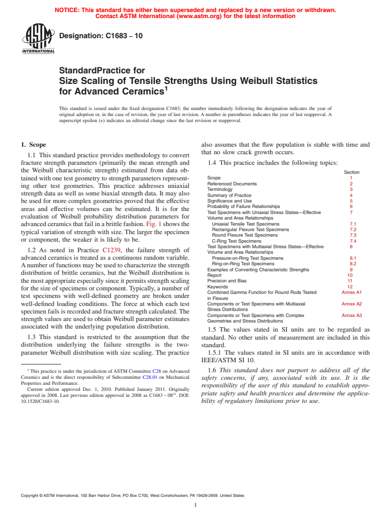 ASTM C1683-10 - Standard Practice for Size Scaling of Tensile Strengths Using Weibull Statistics for Advanced Ceramics