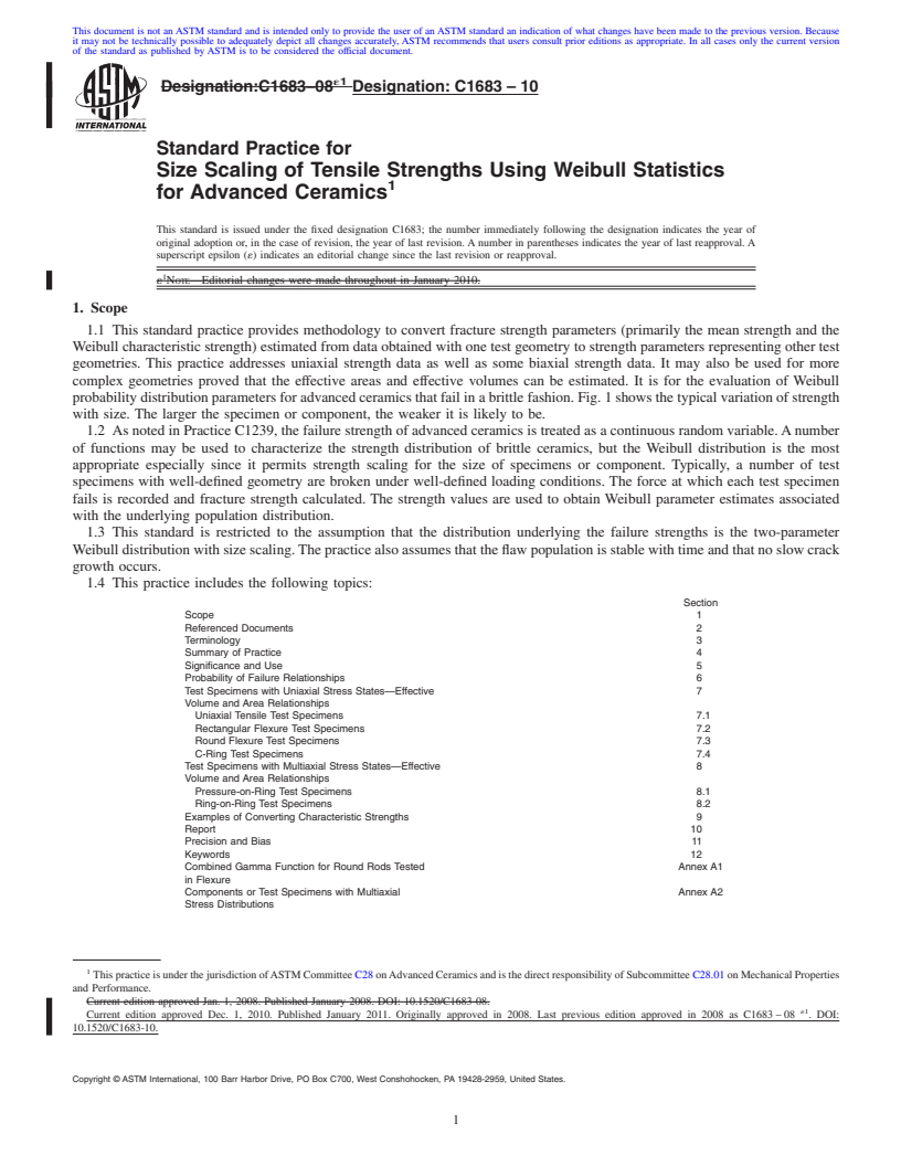 REDLINE ASTM C1683-10 - Standard Practice for Size Scaling of Tensile Strengths Using Weibull Statistics for Advanced Ceramics