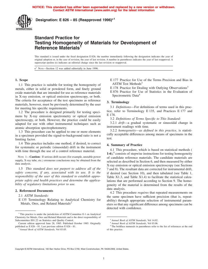 ASTM E826-85(1996)e1 - Standard Practice for Testing Homogeneity of Materials for Development of Reference Materials (Withdrawn 2005)