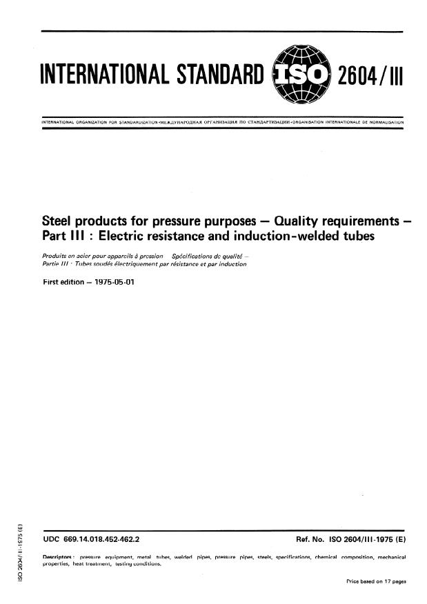 ISO 2604-3:1975 - Steel products for pressure purposes -- Quality requirements