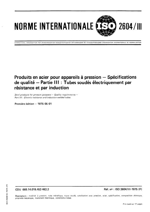 ISO 2604-3:1975 - Produits en acier pour appareils a pression -- Spécifications de qualité