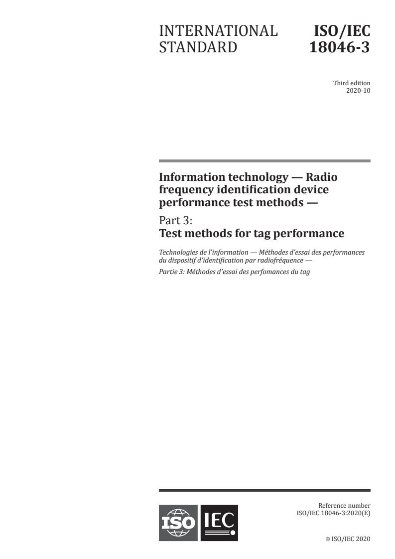 ISO/IEC 18046-3:2020 ISO/IEC 18046-3:2020 - Information technology — Radio frequency identification device performance test methods — Part 3: Test methods for tag performance
Released:10/27/2020