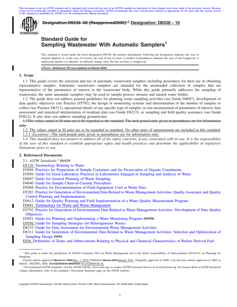 REDLINE ASTM D6538-10 - Standard Guide for Sampling Wastewater With Automatic Samplers