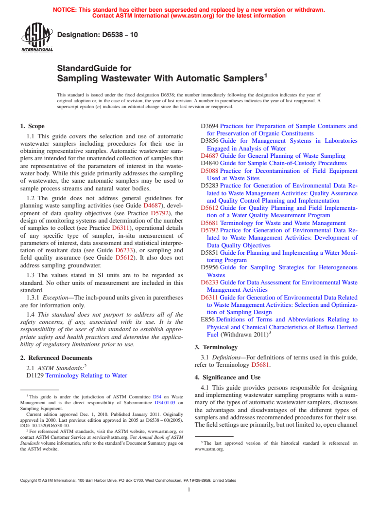 ASTM D6538-10 - Standard Guide for Sampling Wastewater With Automatic Samplers