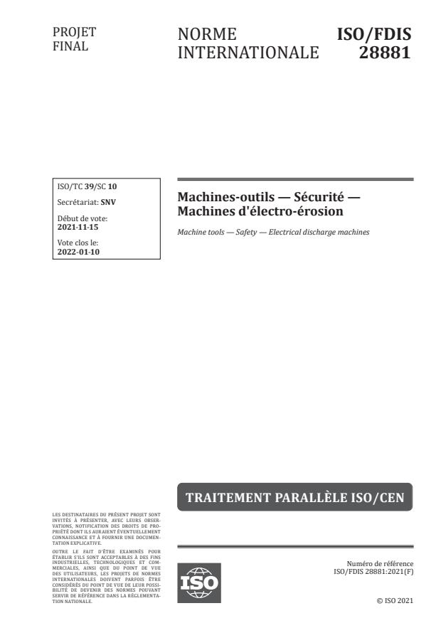 ISO/FDIS 28881 - Machines-outils -- Sécurité -- Machines d'électro-érosion