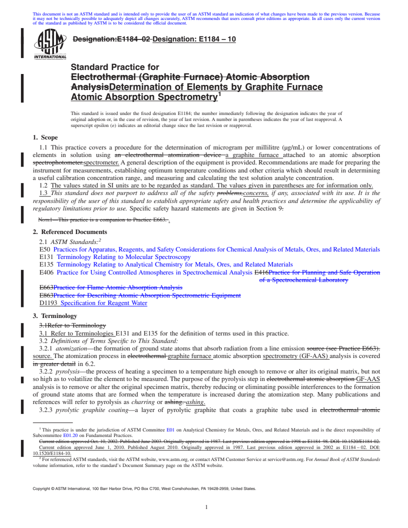 REDLINE ASTM E1184-10 - Standard Practice for Determination of Elements by Graphite Furnace Atomic Absorption Spectrometry