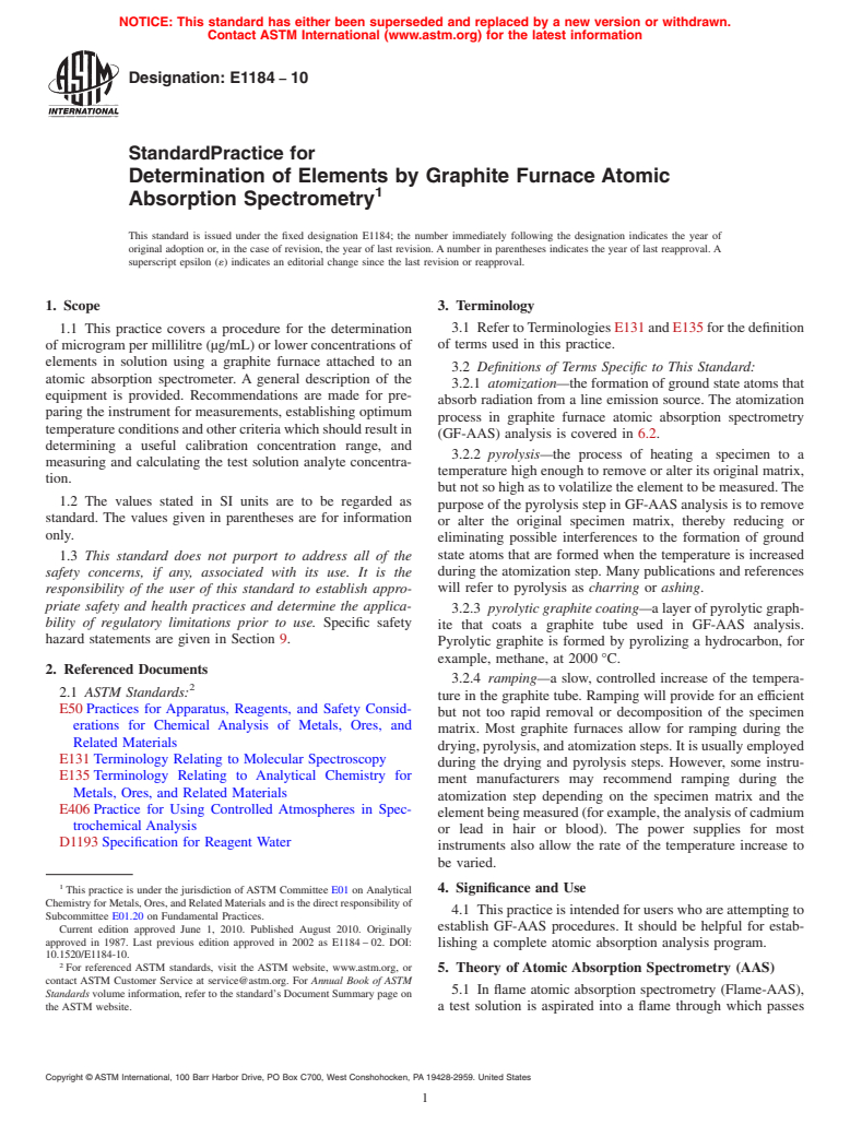 ASTM E1184-10 - Standard Practice for Determination of Elements by Graphite Furnace Atomic Absorption Spectrometry