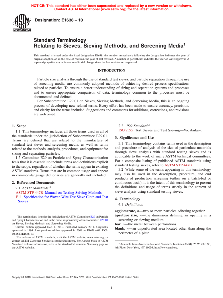 ASTM E1638-10 - Standard Terminology Relating to Sieves, Sieving Methods, and Screening Media