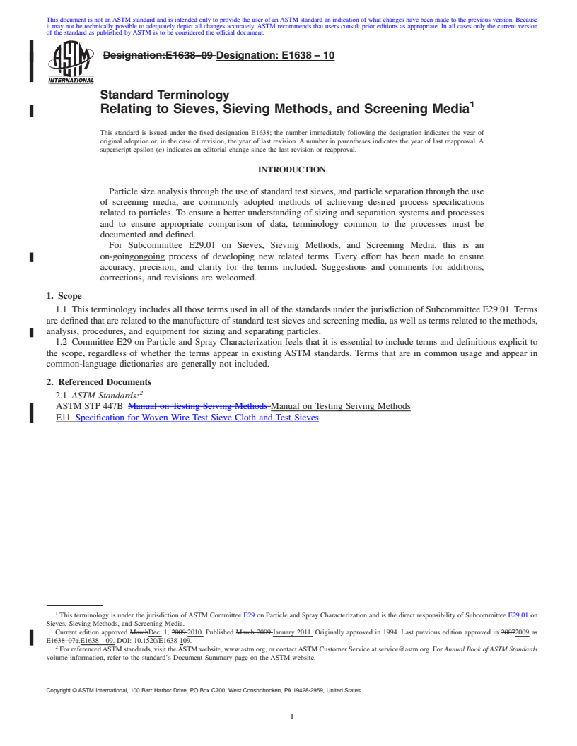REDLINE ASTM E1638-10 - Standard Terminology Relating to Sieves, Sieving Methods, and Screening Media